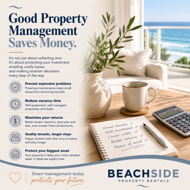 Good Property Management Saves Money

Small problems rarely stay small.

A leaking tap. A loose roof tile. A fence that needs repairing.

These may seem like minor issues today, but left unattended, they can quickly become larger—and more expensive—problems.

That's why proactive property management matters.

By addressing maintenance early, carrying out regular inspections, and acting quickly when something needs attention, we help protect your investment and reduce the risk of costly repairs down the track.

Looking after the little things today helps protect the bigger picture tomorrow.

💙 At Beachside Property Rentals, we believe caring for your property is one of the best investments you can make.

https://beachsidepr.com.au/